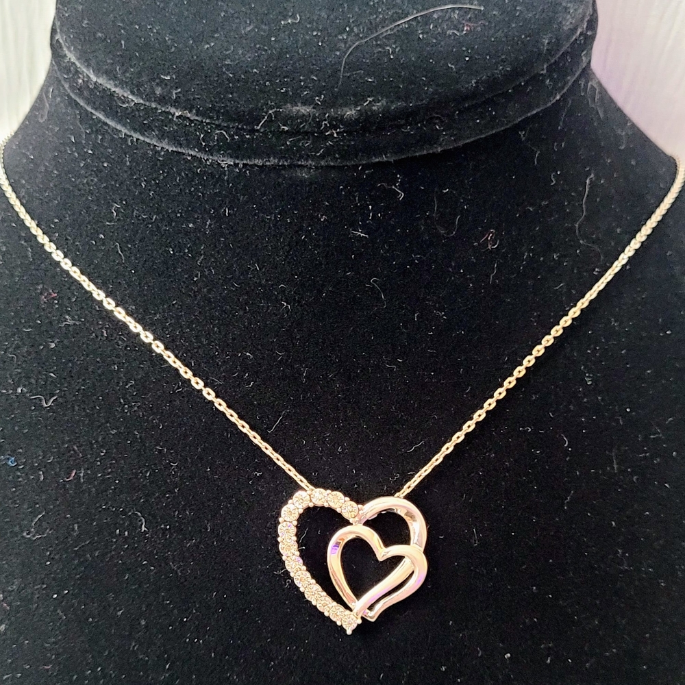 925 Illusion Set Diamonds Double Heart Necklace 18"